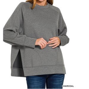 #ROT-4057Y SCUBA ROUND NECK PULLOVER WITH SIDE SLITS Charcoal